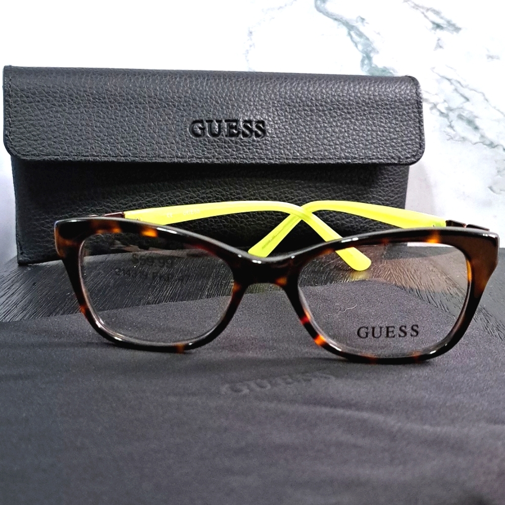 NEW GUESS Eyeglass Bundle brown/green frame case/cloth Rx'able 47-16-135 petite